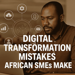 African man in brown shirt working on a laptop, surrounded by digital transformation icons, with bold text reading “Digital Transformation Mistakes African SMEs Make.