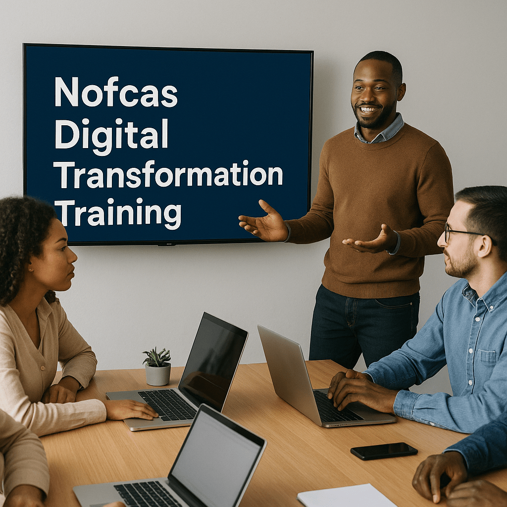 Employee training session on digital transformation for African SMEs, with a presenter leading a discussion as participants follow along.