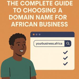 Avatar of African businessman viewing a web browser mockup with the text "yourbusiness.africa," representing choosing a domain name for an African business.