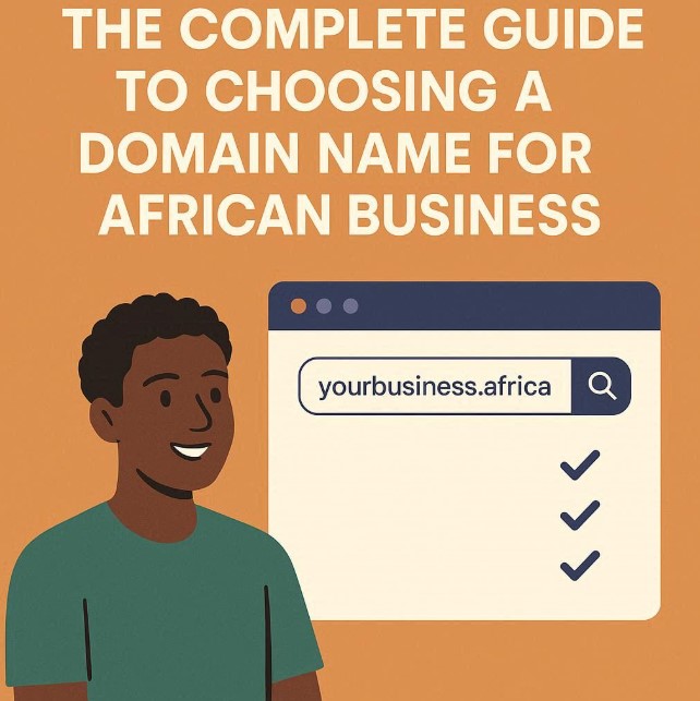 Avatar of African businessman viewing a web browser mockup with the text "yourbusiness.africa," representing choosing a domain name for an African business.