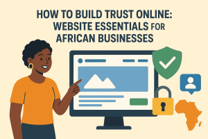 Illustration of an African woman pointing at a website on a computer screen with trust icons like a shield, padlock, and Africa map, symbolizing website trust for African businesses.