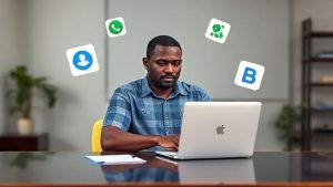 African SME business owner using free digital tools like Google Workspace, Canva, WhatsApp Business, Trello, Zoom, and Slack on a laptop for digital transformation, productivity, and business growth.
