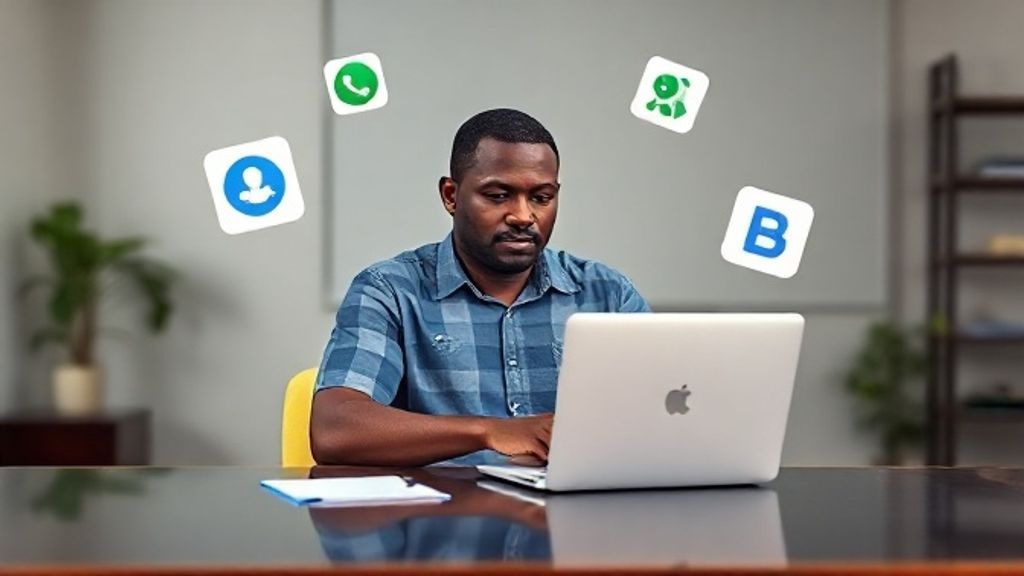 African SME business owner using free digital tools like Google Workspace, Canva, WhatsApp Business, Trello, Zoom, and Slack on a laptop for digital transformation, productivity, and business growth.