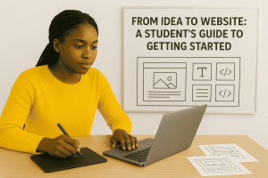 Young African woman in a bright yellow sweater working on her laptop and graphics tablet, designing a website with wireframe sketches and a whiteboard guide titled “From Idea to Website: A Student’s Guide to Getting Started.”