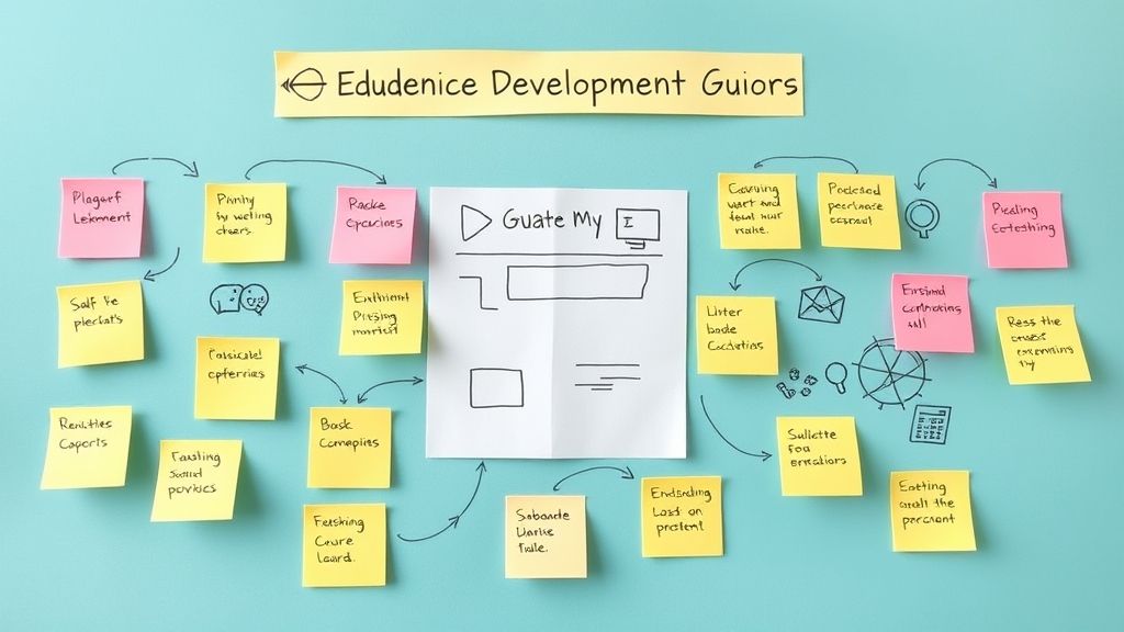 Student website development guide – brainstorming and planning website ideas with sticky notes and sketches