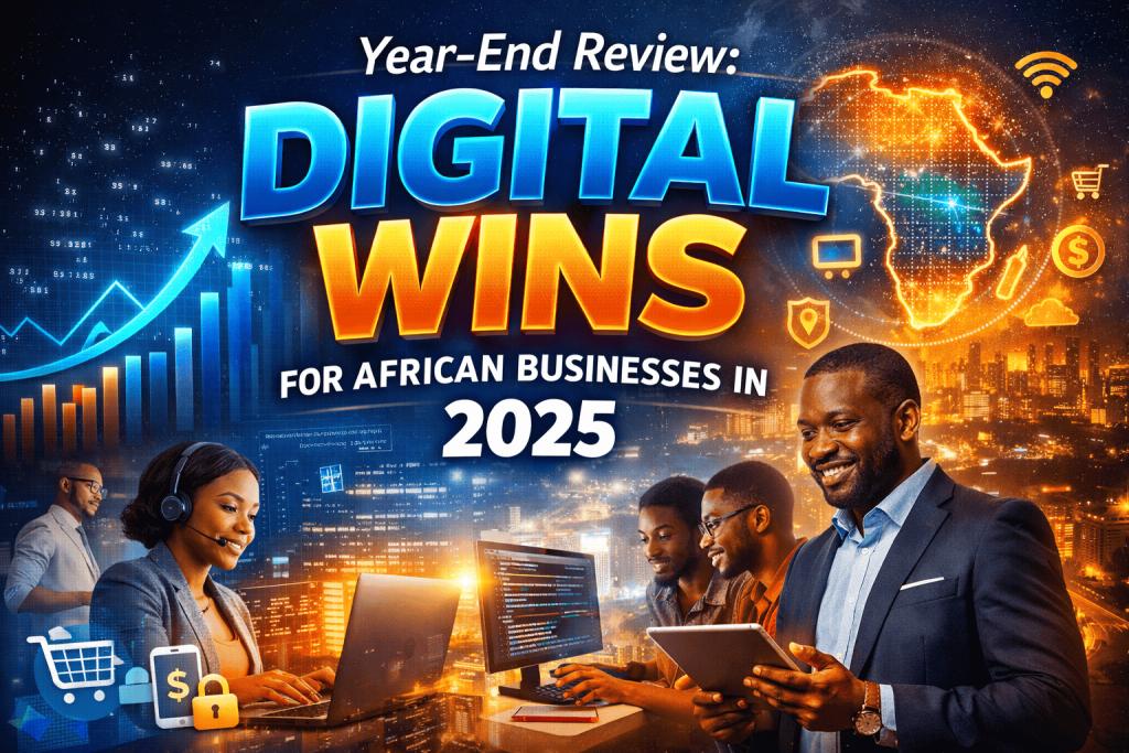 A vibrant digital-themed banner showing African professionals using technology, with a glowing map of Africa, growth charts, and digital icons. Represents the year-end review of digital transformation and online business growth across Africa in 2025.