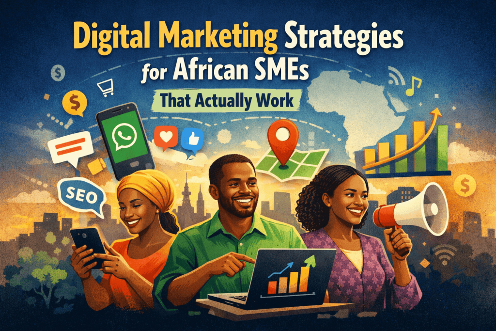 Digital marketing strategies for African SMEs illustration showing entrepreneurs using mobile, laptop, and social media tools