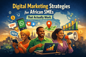 Digital marketing strategies for African SMEs illustration showing entrepreneurs using mobile, laptop, and social media tools