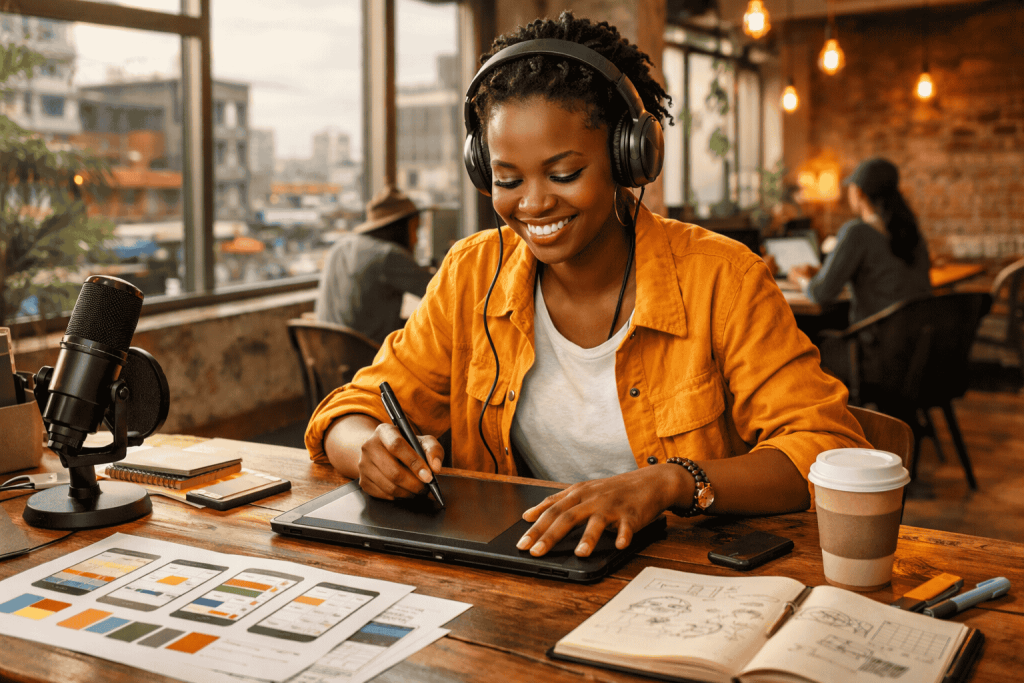African creator using AI tools on a laptop in a Nairobi co-working space