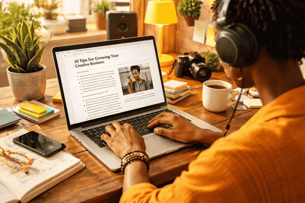 African content creator writing with AI writing tools on a laptop