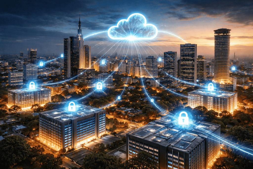 African city with connected data centers and cloud infrastructure powering digital businesses