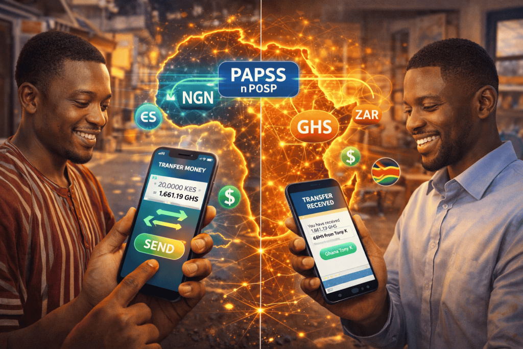 African entrepreneurs sending and receiving cross-border mobile payments with connected digital network map
