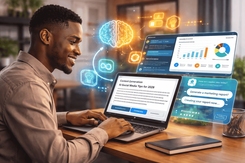 African professional using generative AI tools for content creation, data analysis, and business automation