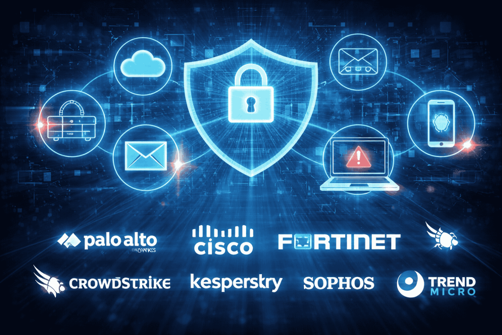 Cybersecurity icons and protection symbols including shield, lock, cloud security, and major security platforms representing digital protection for businesses