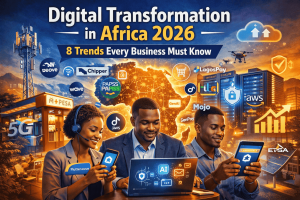 African business professionals using mobile and laptop devices with fintech, AI, cloud computing, and cybersecurity icons representing digital transformation in Africa 2026