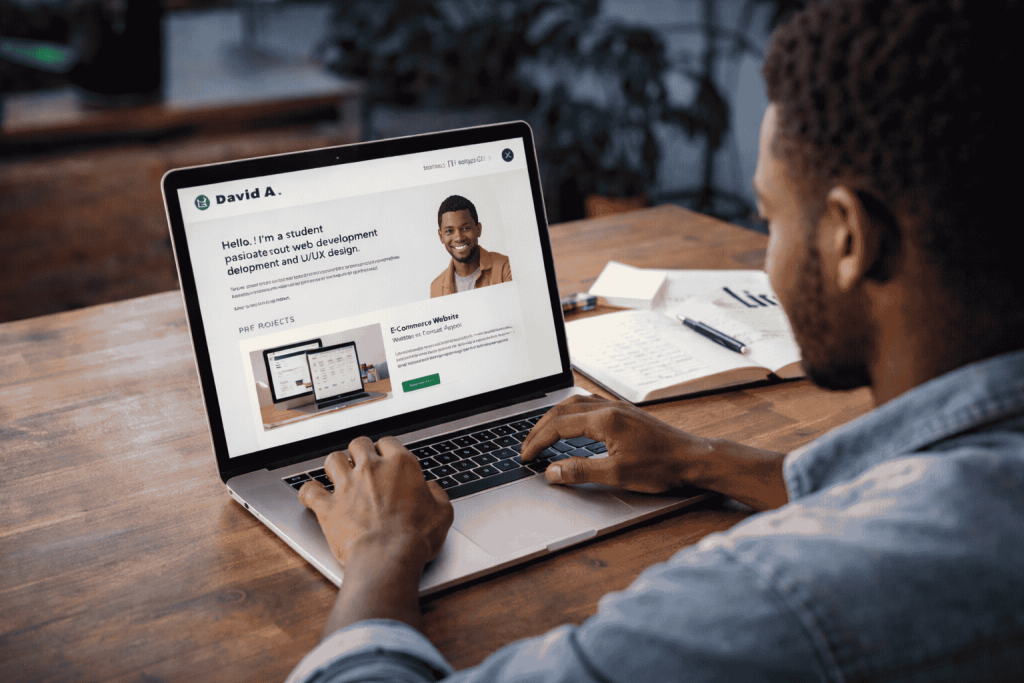 portfolio website for students showing a clean personal site on a laptop screen