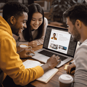 students designing a clean portfolio website layout on a laptop