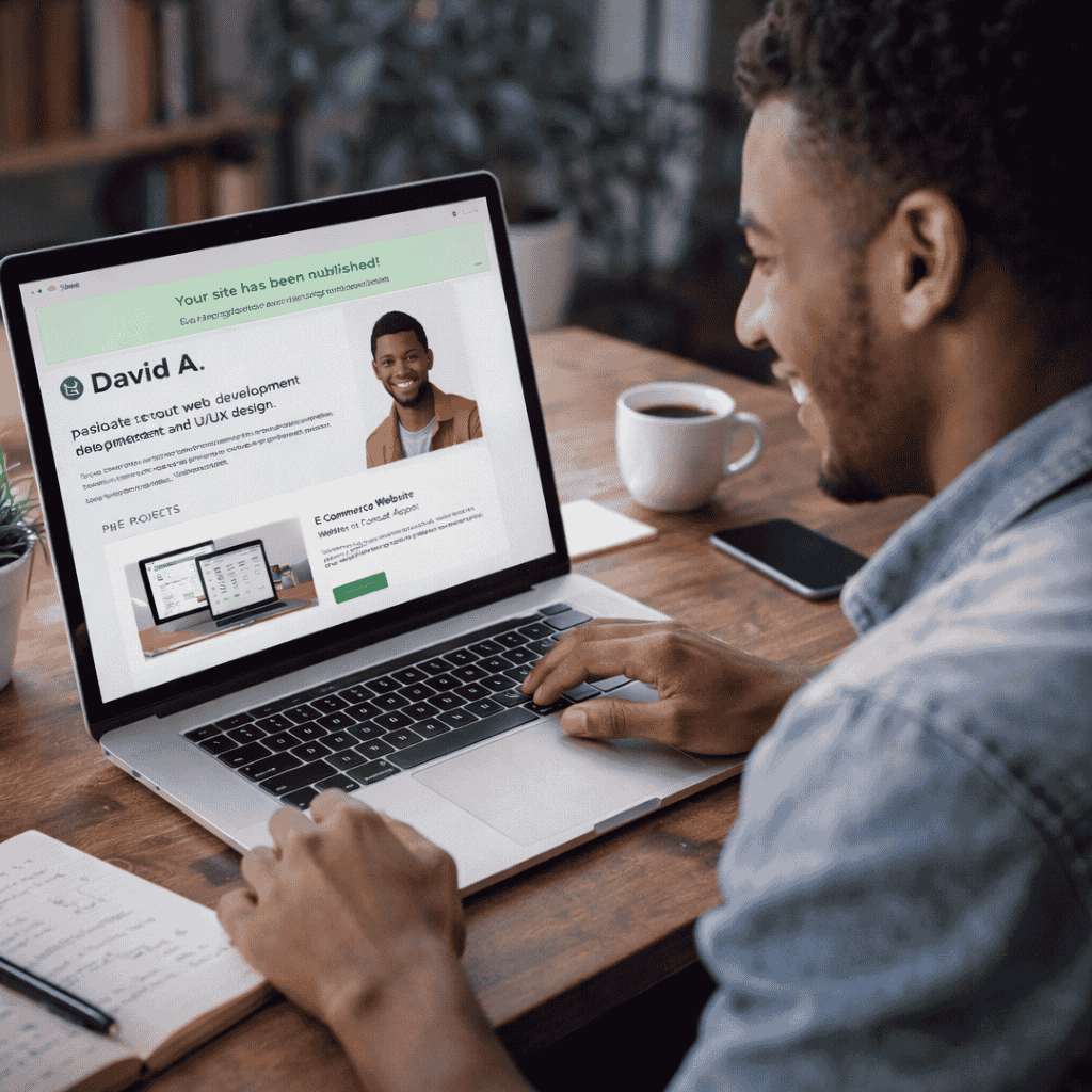 student launching a personal portfolio website on a laptop